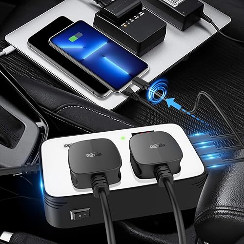 Miniatura 7 de Bapdas Inversor de corriente de coche de 200 W CC 12 V a CA 110 V adaptador de cargador de coche con PD 25 W USB-C, QC3.0 y puertos USB duales