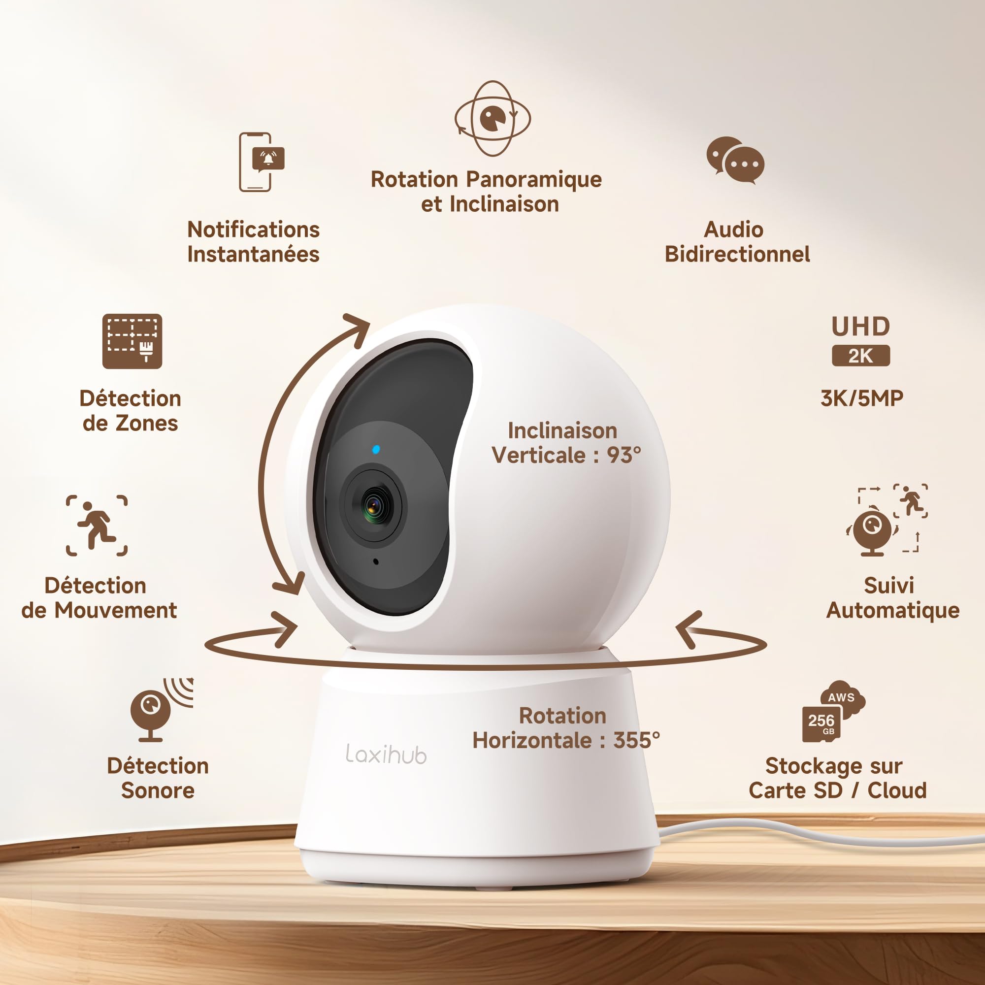 LAXIHUB 3K/5MP Caméra Surveillance WiFi Intérieur, 2,4GHz/5GHz Caméras WiFi avec Vision Nocturne, 355° PTZ Caméra Maison, Suivi Automatique, Audio Bidirectionnel, Compatible Google Assistant et Alexa