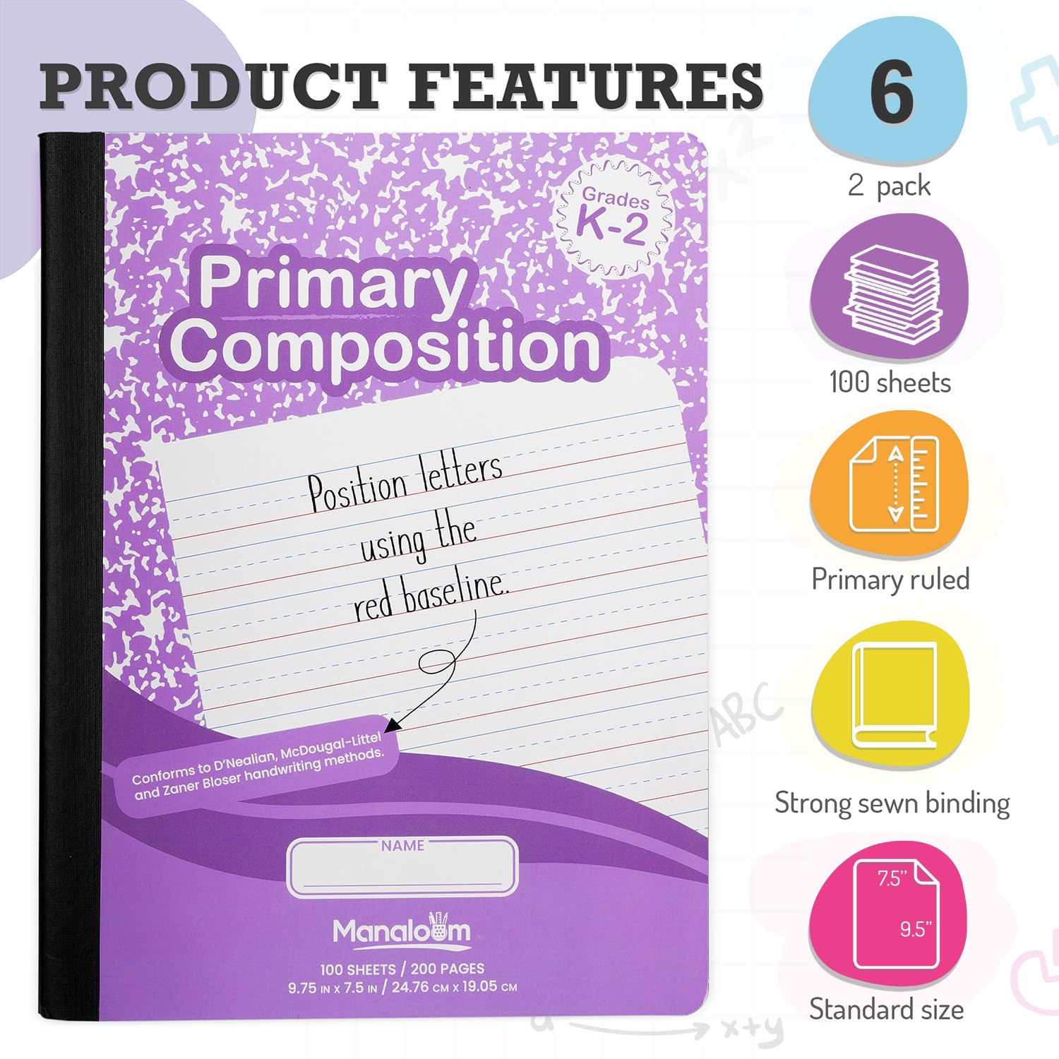 Quaderno per composizione primaria K-2, a righe primarie, grado K 2, prescolare, 1 ° grado, quaderni a righe, a righe primarie, 24 x 19 cm, copertina resistente, 100 fogli, colori assortiti,