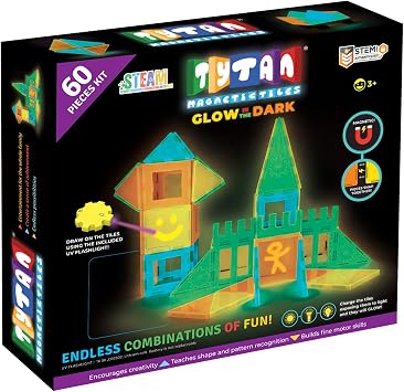 Tytan Tiles Glow in The Dark 60-Piece Magnetic Tiles Building Set, Diverse Multi-Color Shapes, STEM Toy, Cars, Creative Play, Storage Bag & UV Keychain Flashlight for Drawing on Tiles, Ages 3 and Up