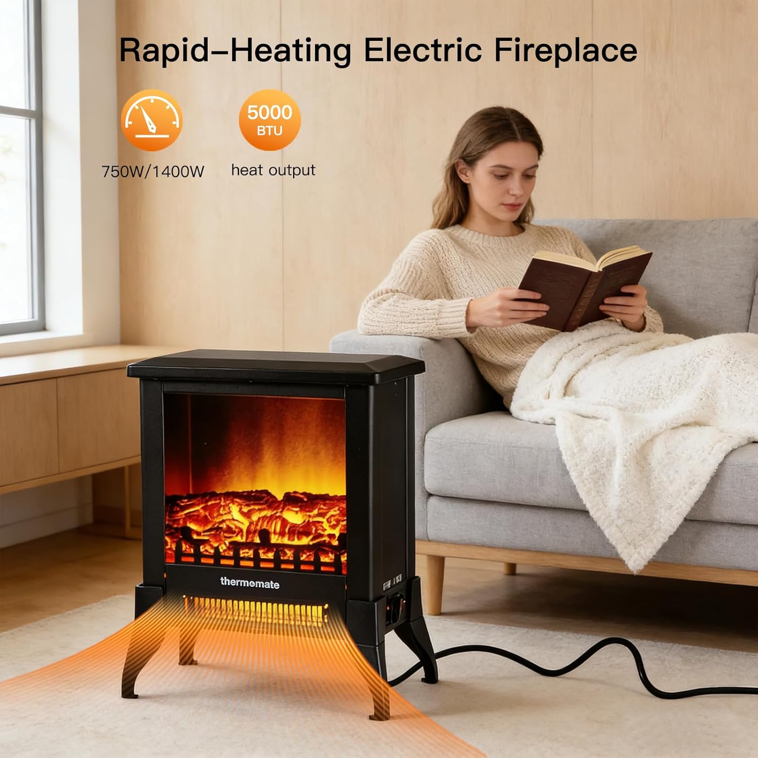 MEGAWISE SF512-14 Freestanding Electric Fireplace Stove, Realistic 3D Flame Effect with Adjustable Temperaturet, Overheat Protection, Black Heater for Bedroom & Living Room