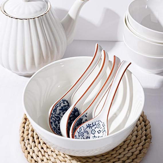 Ceramic Soup Spoons, Asian Soup Spoon Chinese Set of 4 Japanese Ramen Long Handle Soup Spoons for Udon,Pho,Ramen,Miso,Cream Soup,Pasta,Eel Rice,Broth Soup,Dumplings (Red)