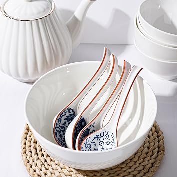 Ceramic Soup Spoons, Asian Soup Spoon Chinese Set of 4 Japanese Ramen Long Handle Soup Spoons for Udon,Pho,Ramen,Miso,Cream Soup,Pasta,Eel Rice,Broth Soup,Dumplings (Red)