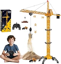 JONRRYIN Grue à Tour Télécommandée de Hauteur 138 cm, 6 Canaux 2,4 GHz RC Grue à Tour 680° Rotation, Jeu de Chantier Enfant avec Lumières pour Enfants Garçon (Jaune)