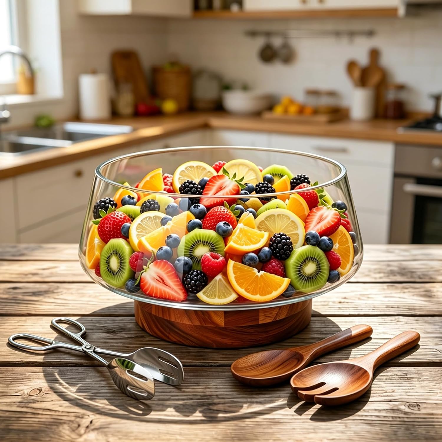 Accguan Large Glass Salad Bowl Set with Acacia Wood Base | Salad Bowl Wood Serving Utensils Included for Family Dinners, Parties, Gatherings, Multipurpose Oversize Glass Bowl for Salad