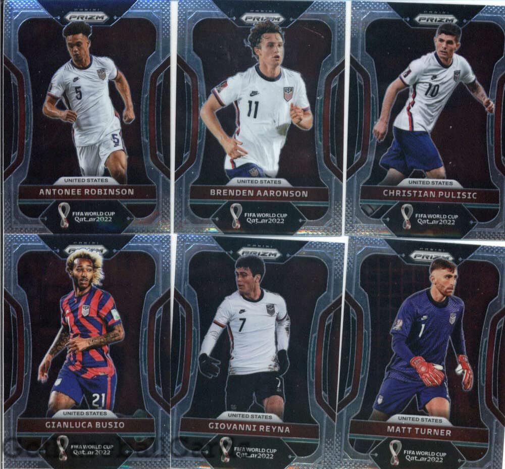 2022 Panini Prizm World Cup Qatar United States Team Set of 12 Cards: Antonee Robinson(#199), Brenden Aaronson(#200), Christian Pulisic(#201), Gianluca Busio(#202), Giovanni Reyna(#203), Matt Turner(#204), Ricardo Pepi(#205), Sergino Dest(#206), Timothy Weah(#207), Tyler Adams(#208), Weston McKennie(#209), Yunus Musah(#210) - GotBaseballCards