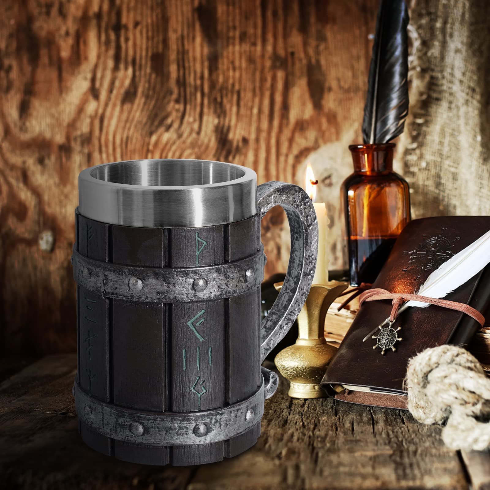 Nordic Viking Rune - Boccale da birra, in legno di quercia, misura grande, con acciaio inox, legno e resina, 3D, per uomini, regalo per la festa del papà, 550 ml