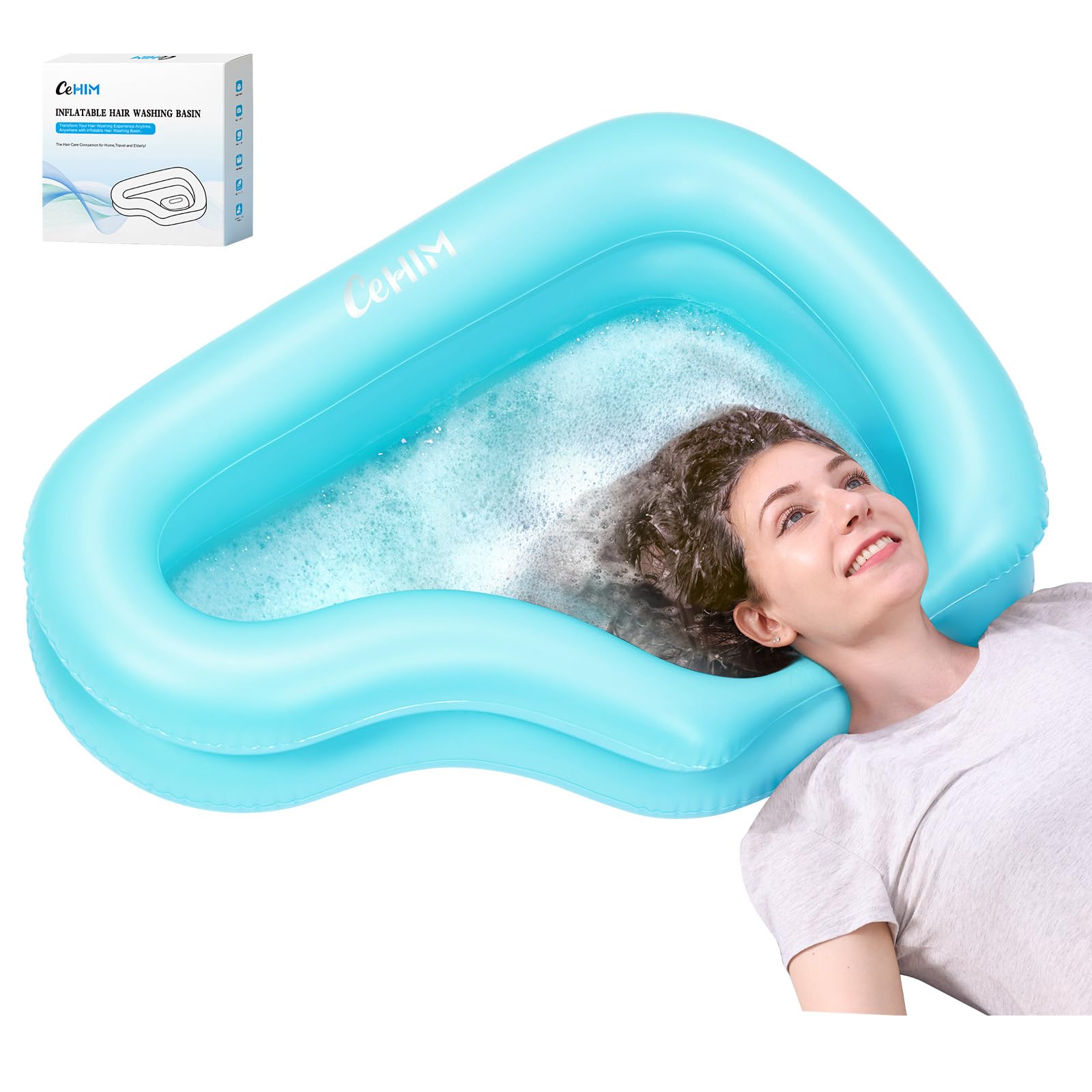 Portable Inflatable Shampoo Basin, Hair Washing Bowl for Bedridden, Disabled, Hair Wash Tub for Home Use (Blue)