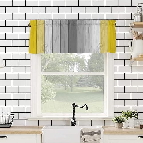 Miniatura 4 de Cortina de cenefa para ventana, retro, rayas amarillas y grises, cenefa de ventana con bolsillo para barra, cenefa de ventana para cocina, sala de
