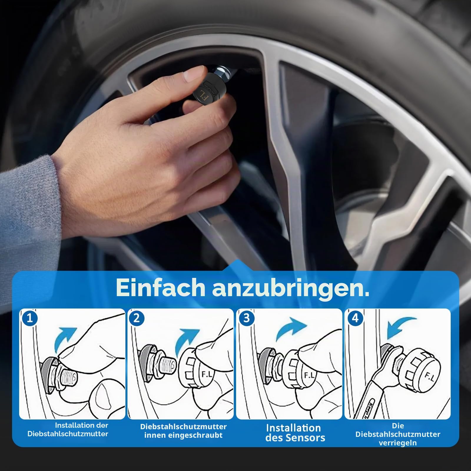 Reifendruckkontrollsystem mit abnehmbarer Halterung, kabellos, TPMS Solar-Reifendruck-Monitor mit Luftleck/Reifendruckalarm, 5 bar/199 psi für Wohnwagen, LKW, Wohnmobil, Auto, großes