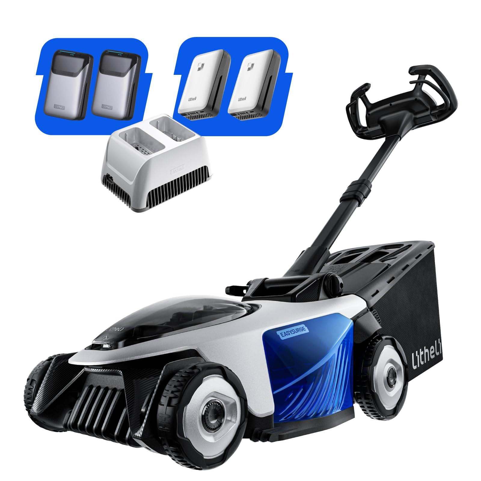 Litheli Easysurge Akku Rasenmäher Selbstfahrender, 43cm Schnittbreite mit Akku und Ladegerät, bis 500 m², 50L Fangkorb, 25-75 mm Schnitthöhe, Rasenmäher Eektro inkl. 4X 20V/ 4,0 Ah Akkus