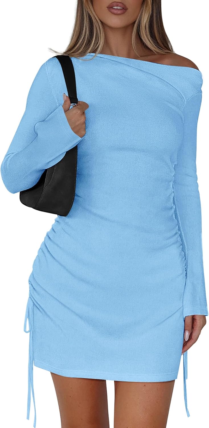 PRETTYGARDEN Long Sleeve Dress for Women 2026 Fall Off The Shoulder Cocktail Party Spring Mini Ruched Bodycon Dresses