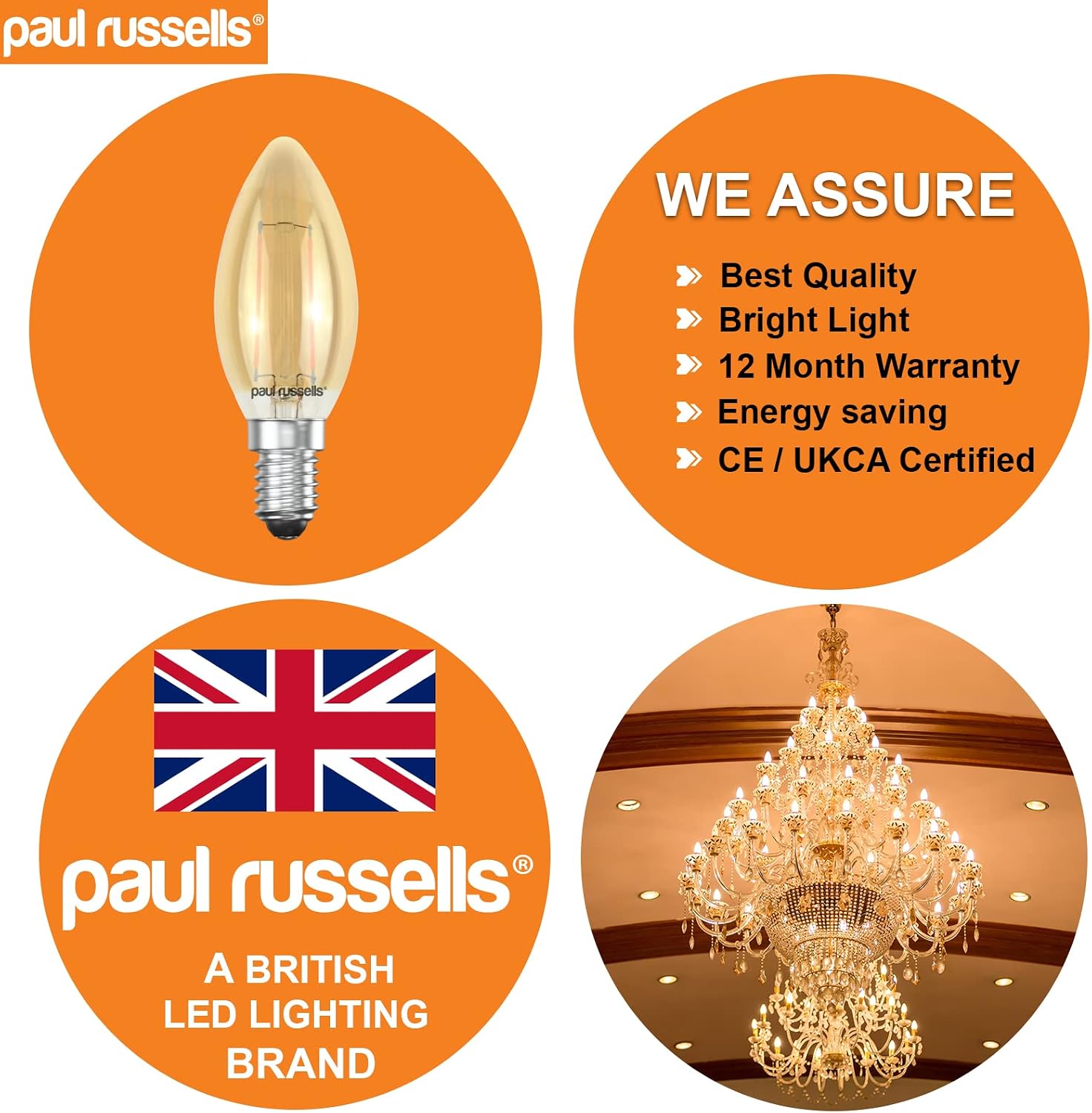 paul russells LED Candle Filament Light, 2.5W 20W Equivalent Replacement, 200LM Lumens, 2200K Extra Warm White - Image 5