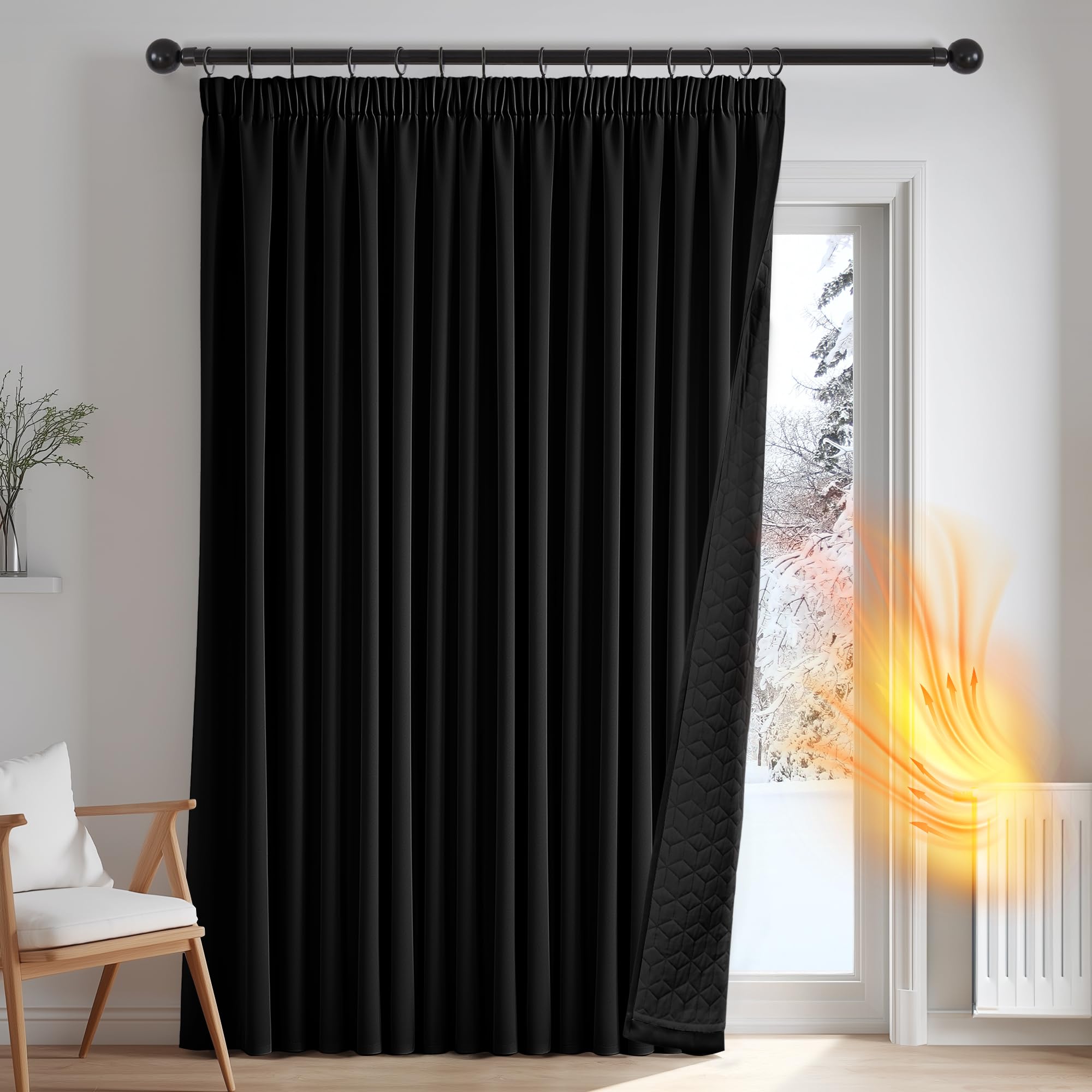 Deconovo Thermal Door Curtain Pencil Pleat，Blackout Curtain Double Layers Panel with Thick Microfiber Quilted Lining, Energy Saving Window for Living Room, W55 x L110 Inch, Black, 1 Panel