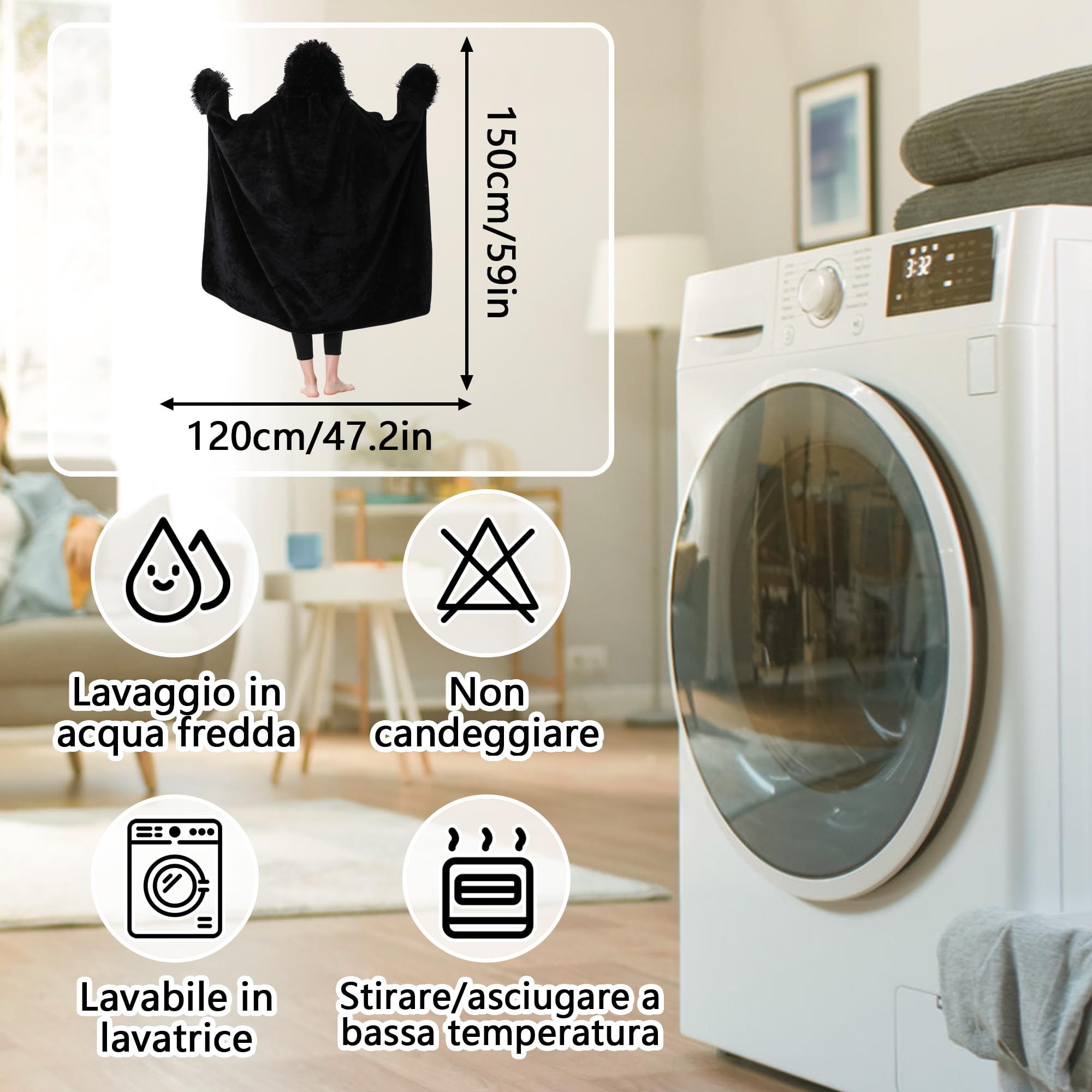 Aragallant Bradipo Coperta Indossabile, Coperta con Maniche eCappuccio Donna, Accogliente Oversize Coperta Flanella Bradipo per Adulti Bambini Natale compleanno Regalo, 150x120cm (Nero)