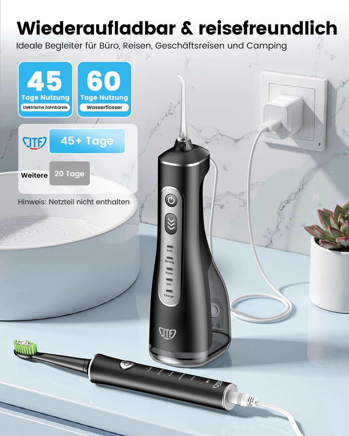 JTF Brosse à Dents Électrique et Hydropulseur Jet Dentaire 2-en-1 – Kit d’Hygiène Buccale Portable Nettoyage Efficace et Doux, Plusieurs Modes pour Appareils Dentaires et Gencives Sensibles, Sans Fil