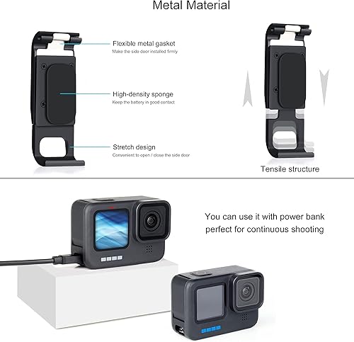 Miniatura 6 de Funda de esqueleto lateral abierta para GoPro Hero 13 12 11 10 9 negro con cubierta de batería de metal reemplazo de puerta lateral fácil carga