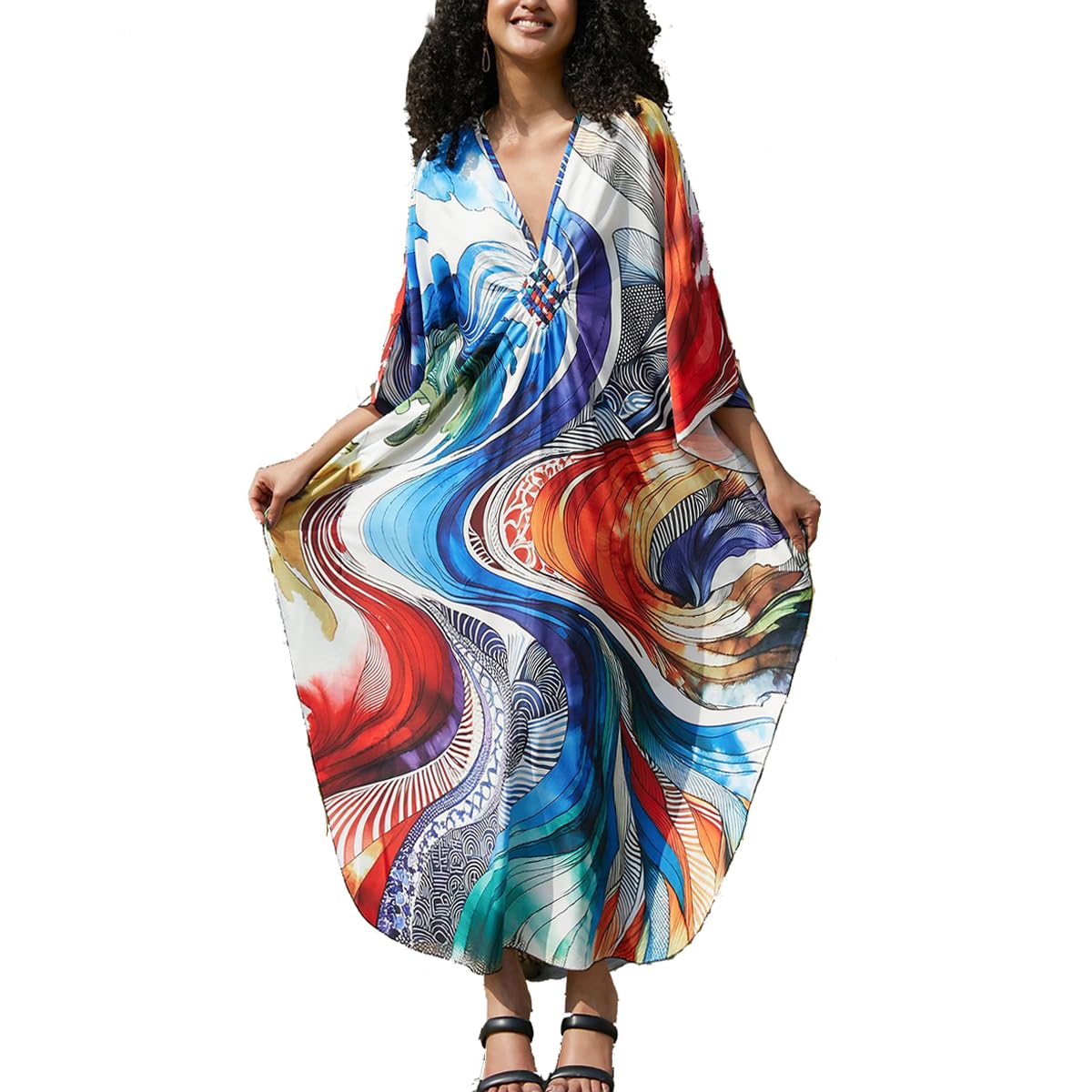Lazz1on Caftan Mujer Vestido de Playa Largo Bohemian Pareo Verano Maxi Traje de baño Cubrir Scollo a V