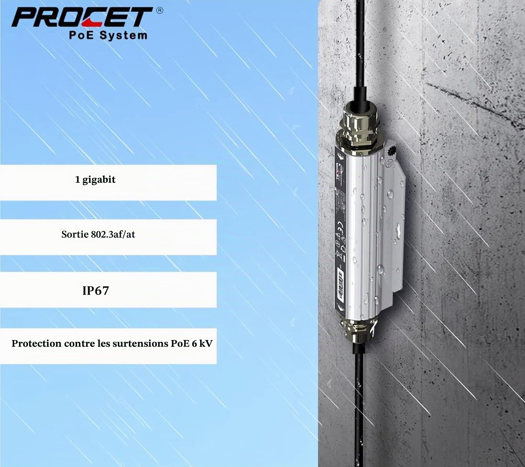 PROCET Répéteur PoE Gigabit extérieur, jusqu'à 30W PoE+ avec Protection Contre Les surtensions 6kV, Plage de températures de -40 °C à 65 °C, Extension de 100 mètres, étanchéité IP67