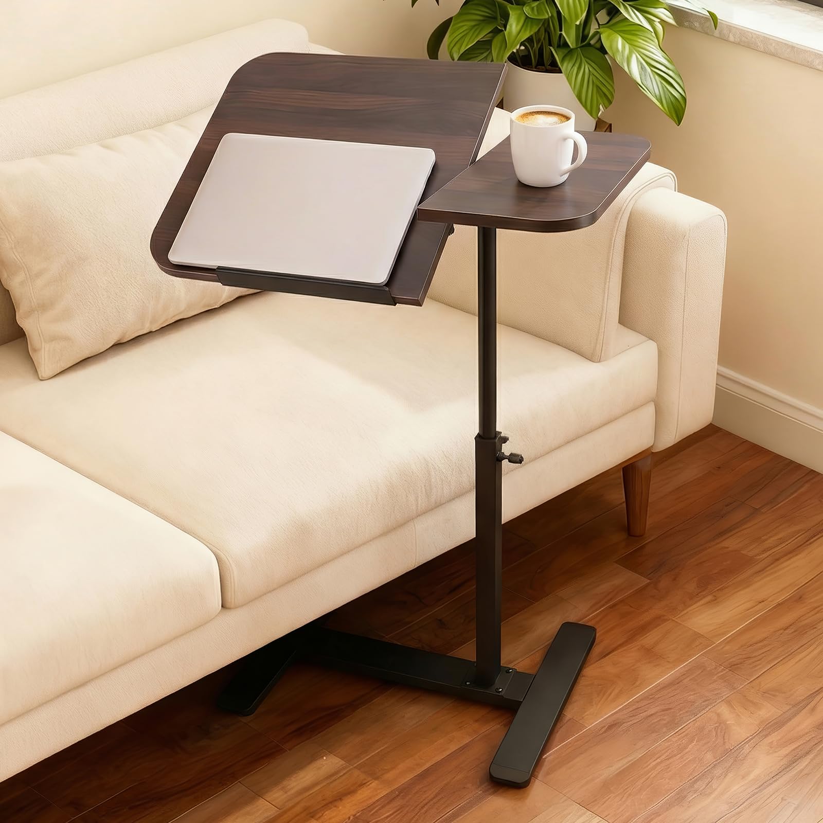 Tavolino a Forma C, Regolabile in Altezza 50-92 cm, Piano di 60 x 40 cm, Tavolo Mobile Girevole 360° in Noce, Tavolino da Divano Tavolino per Computer Portatile per Soggiorno, Camera da Letto, Letto d