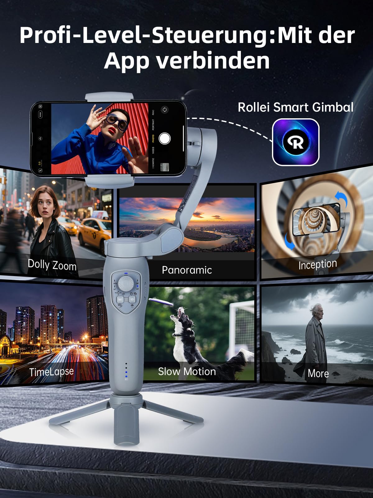 Rollei Steady Butler Mobil 3 SE Gimbal Smartphone 3 Achsen | Handy Stabilisator Leichter 280g mit App Steuerung Kompatibel mit iPhone Android, Gimbal-Smartphone-Handy-Stabilisator-Video