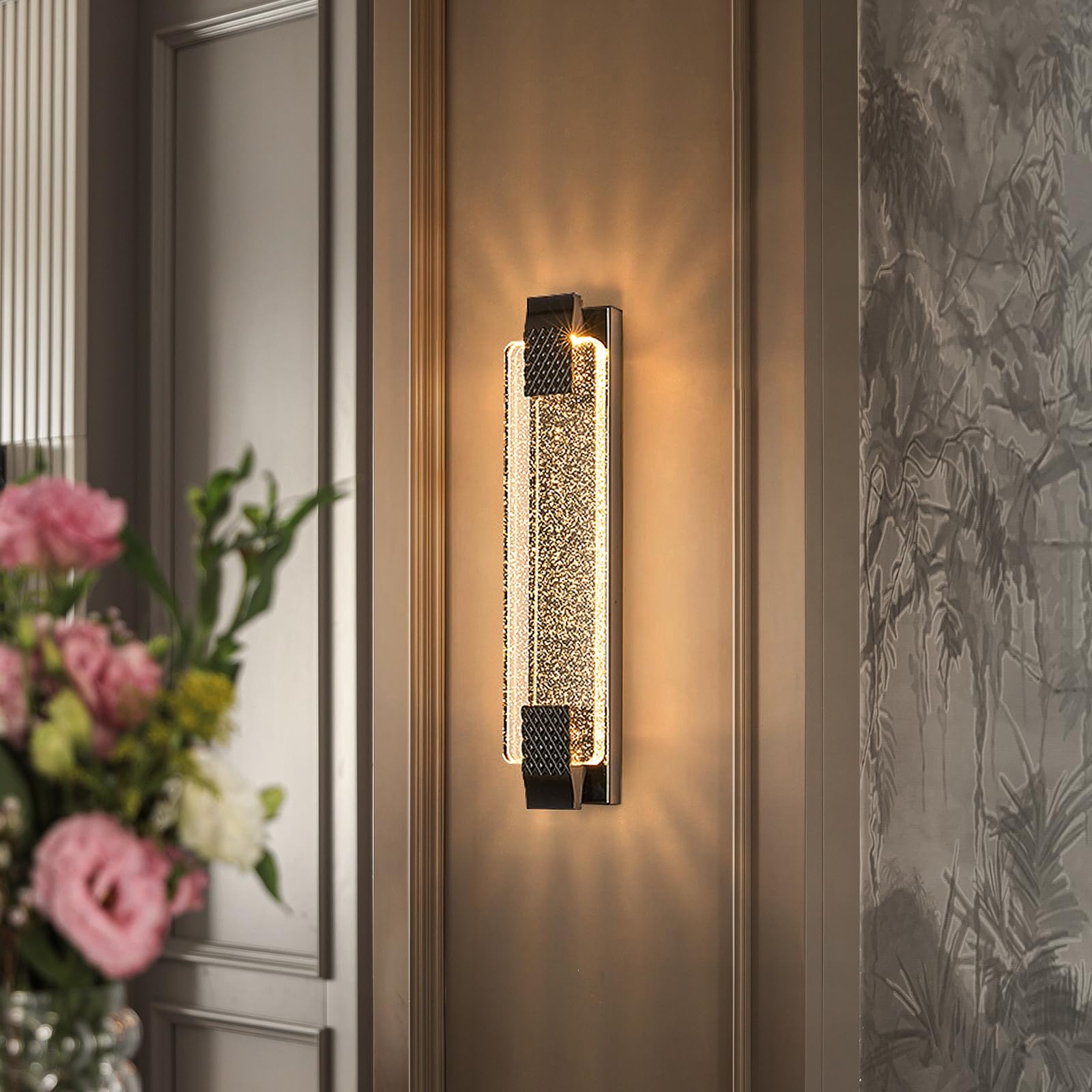 Aplique de Pared de LED Nórdico Lámpara de Pared de Cristal,Iluminación Tricolor (Cálida/Blanca/Neutra) para Sala de Estar Escaleras Dormitorio, Negro