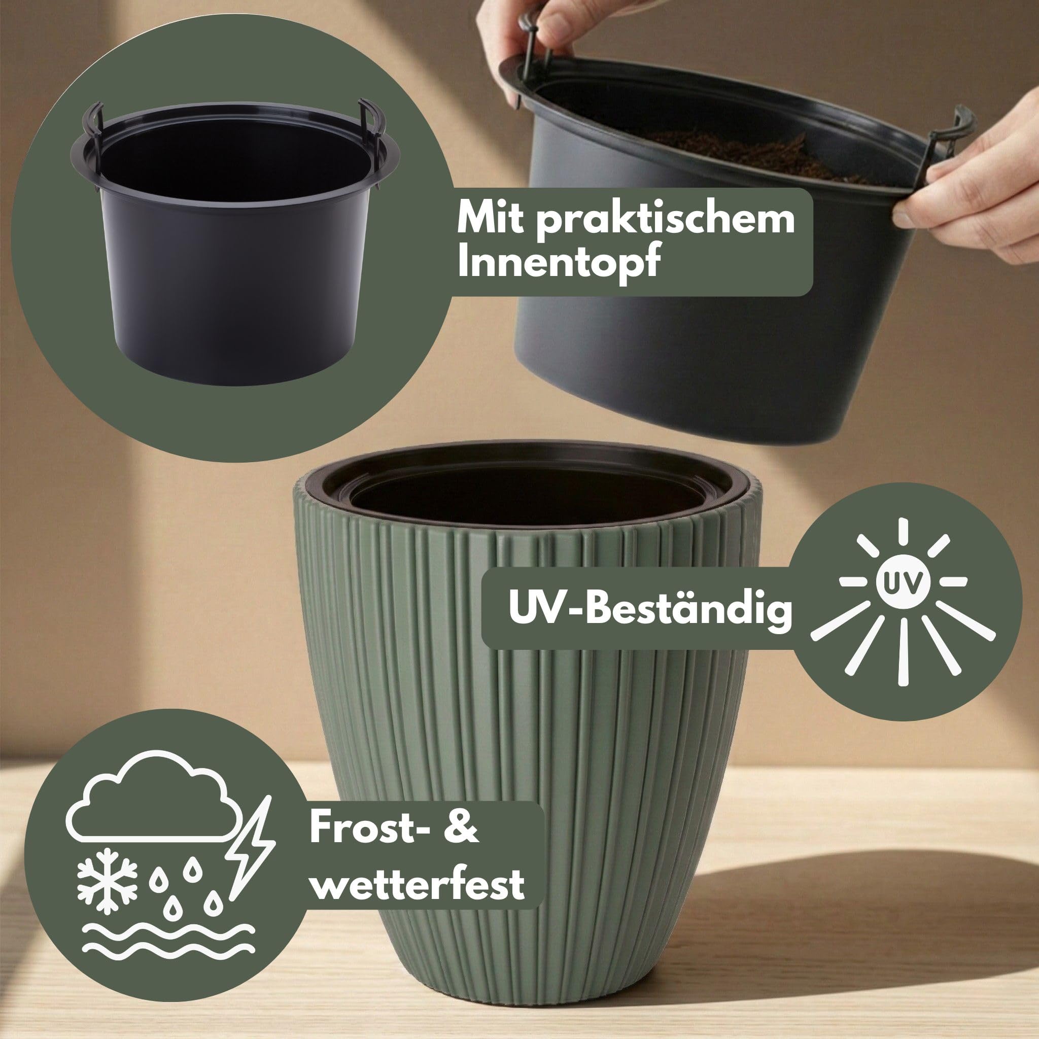 Fontana solare Premium con batteria, vaso verde tè Ø 39 x 58 cm, fontana da 3,5 W e pietre decorative
