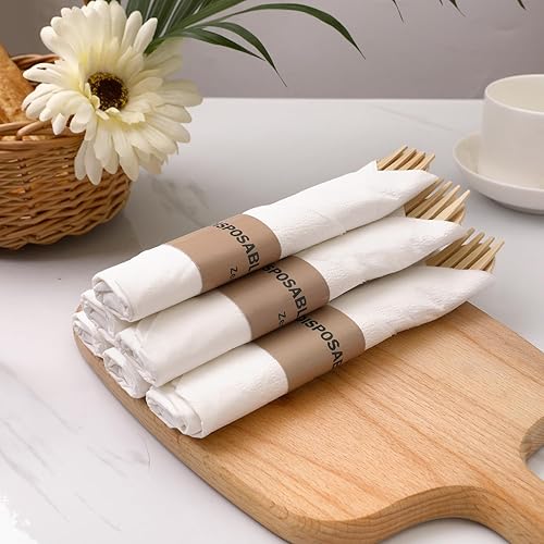 Miniatura 6 de Juego de 25 cubiertos de bambú prerolled (6.7 pulgadas, 25 tenedores, 25 cucharas, 25 cuchillos, 25 servilletas), tenedores, cucharas y cuchillos