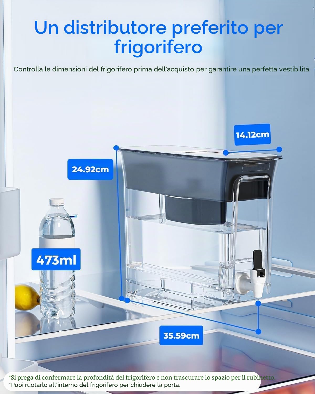 Waterdrop WFD-04L Dispenser Filtro Acqua 8,2L, 200 Galloni, Smart Indicador | Certificato NSF, Riduce Cloro, PFOA/PFOS e Altro, Dispenser Adatto al Frigo per Famiglie e Uffici, Senza BPA, Nero
