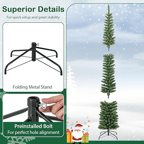 Miniatura 6 de HAPPYGRILL Árbol de Navidad preiluminado de 8 pies, árbol de Navidad artificial con 591 puntas de rama, 300 luces LED blancas cálidas, soporte de