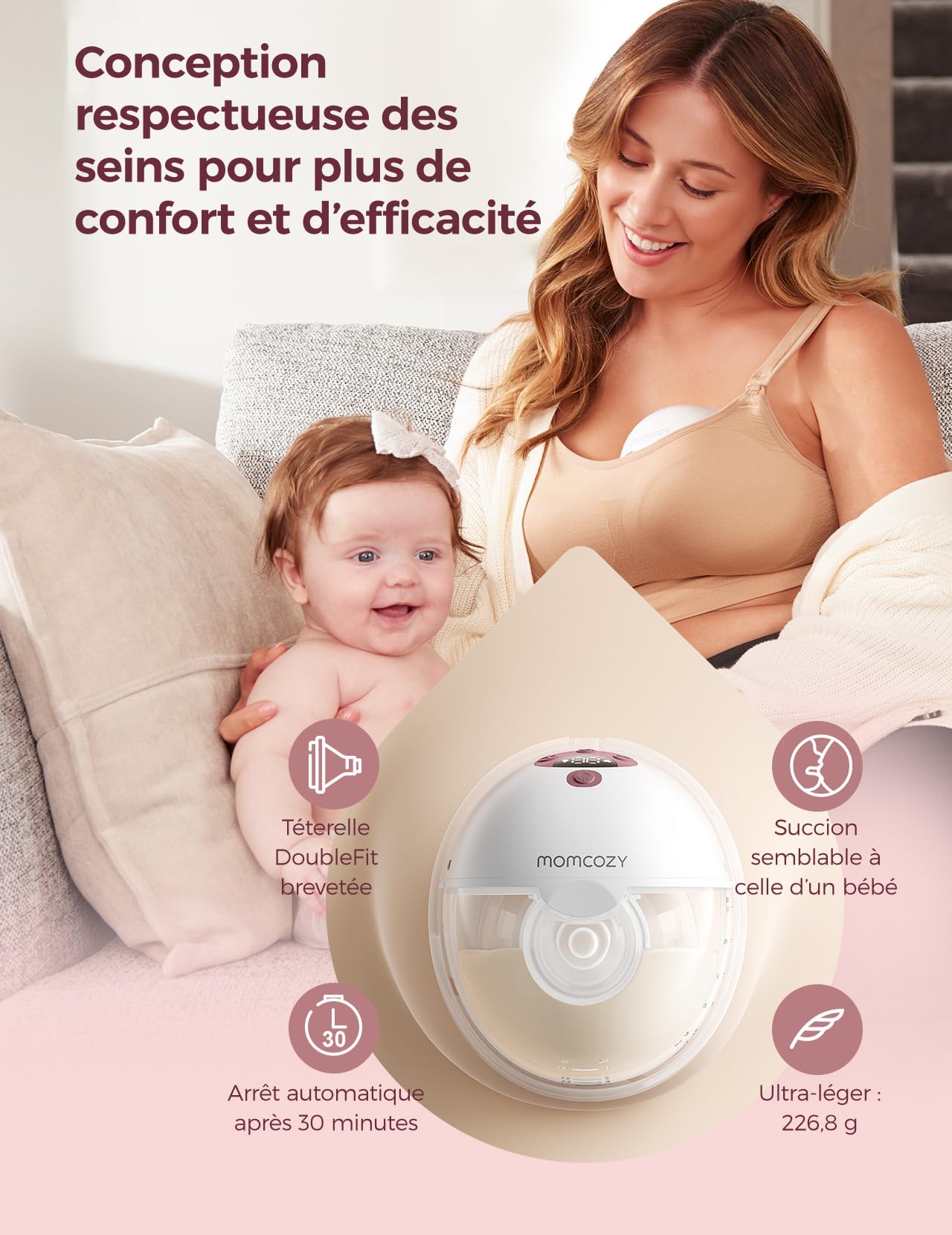 Momcozy M5 Smart Tire-lait Électrique Main Libre, Tire-lait Portable Contrôlé par Application, Pompe Électrique Sans Fil, 3 Modes 9 Niveaux d’Aspiration, Téterelle 24 mm(Rouge, 2 Pièces)
