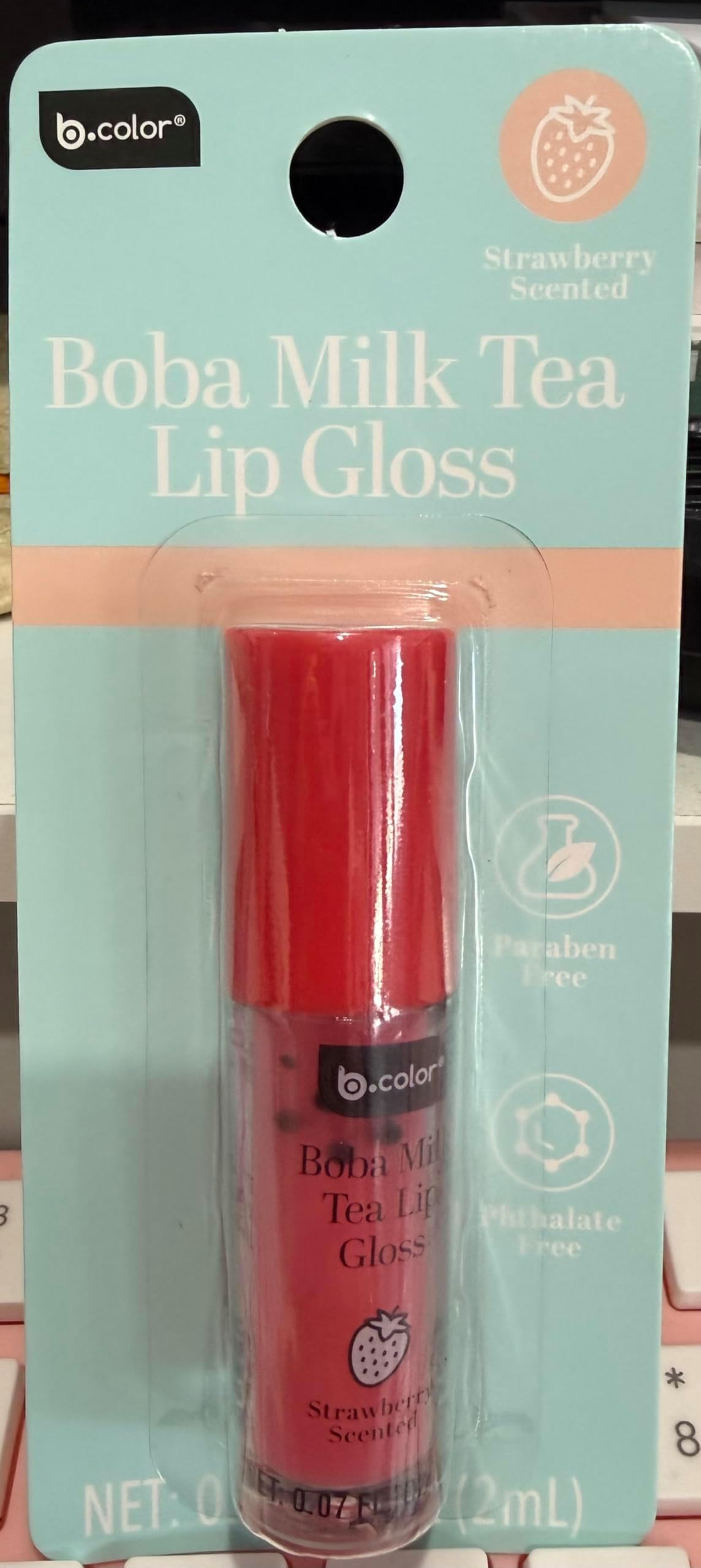 B.color Boba Milk Tea Lip Gloss, Strawberry Scented, Paraben Free, Phthalate Free, 0.07 FL OZ