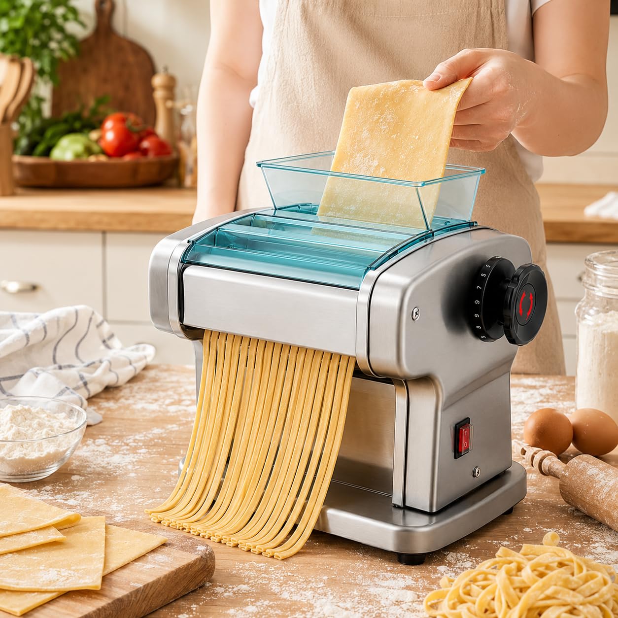 Elektryczna Maszynka Do Makaronu, Do Świeżych Makaronów, 9 Ustawień Grubości, Stal Nierdzewna, Okrągłe Ostrza 2,5 Mm I Płaskie 4 Mm Do Spaghetti, Lasagne, Ravioli