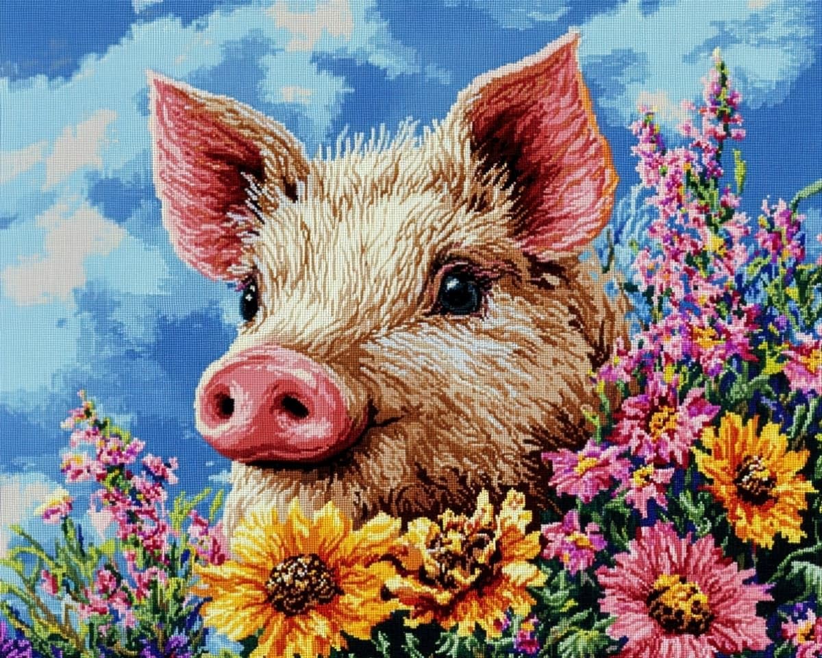 AxiangziK 11CT Printed Cross Stitch Kits,Pigs in the Flowerbed Stamped Embroidery Kits with Instruction Wall Hanging for Needlepoint Adults Wall Art Decoration 12x16in