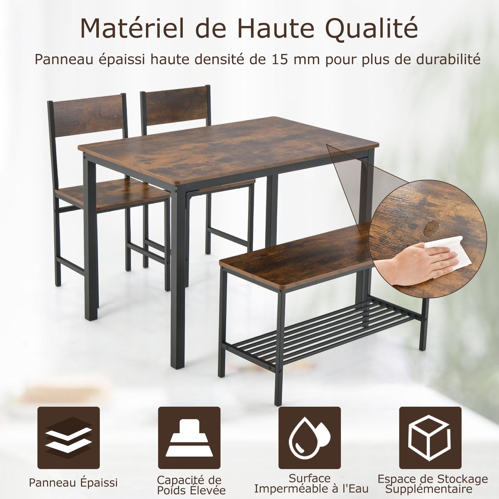 COSTWAY Ensemble Table et Chaise Salle a Manger pour 4 Personnes, 2 Chaises, Banc avec Étagère, Design Compacte Encastrable, Salle a Manger Complete pour Petite Espace, Cuisine, Salon(Marron)