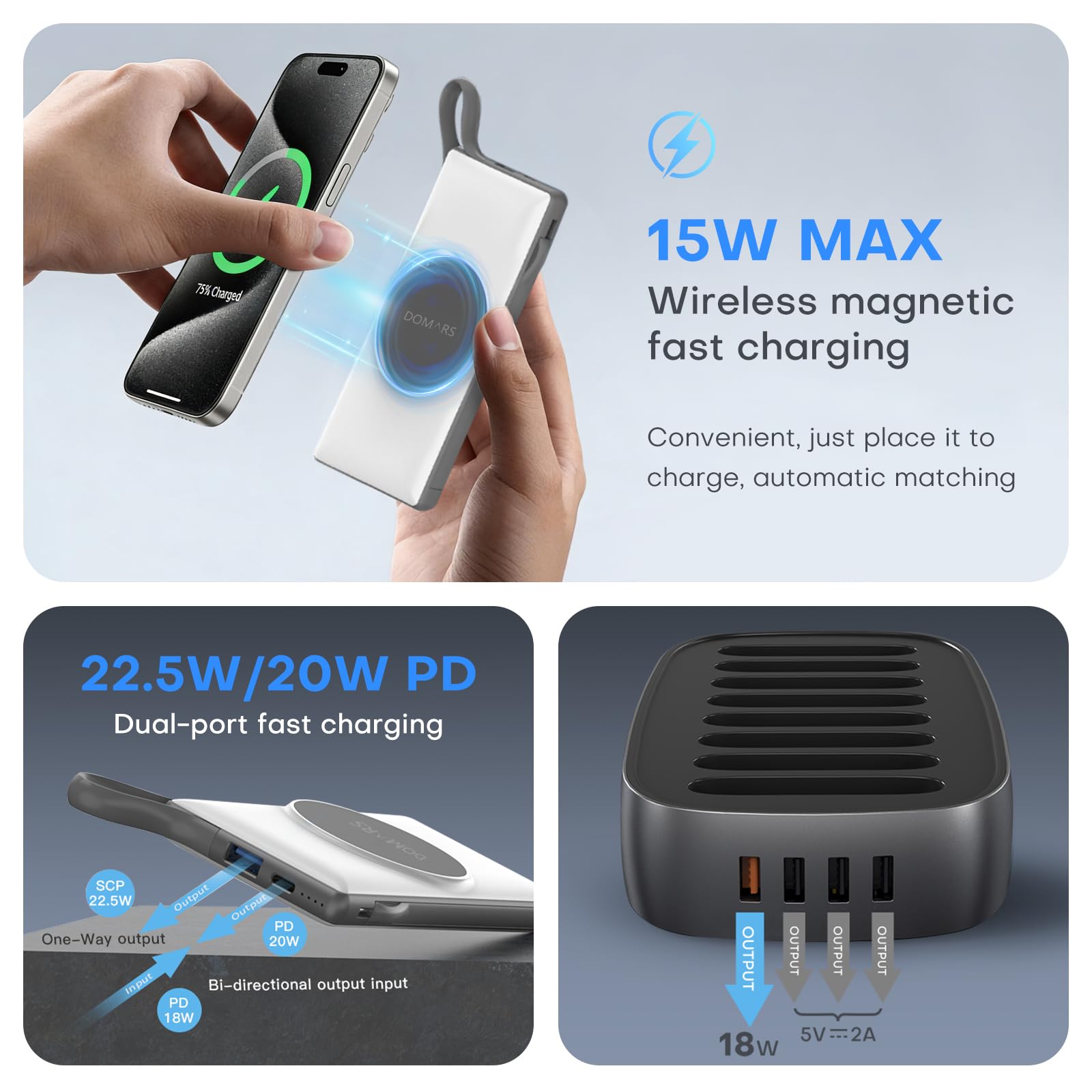 Estación de Carga con 8x10000mAh Batería Magnética Portátil,Power Bank Carga Magnética, Cables Tipo-C y Apple Integrados, 12 Protecciones para iPhone 17/16/15/14/13/12 (Blanco)