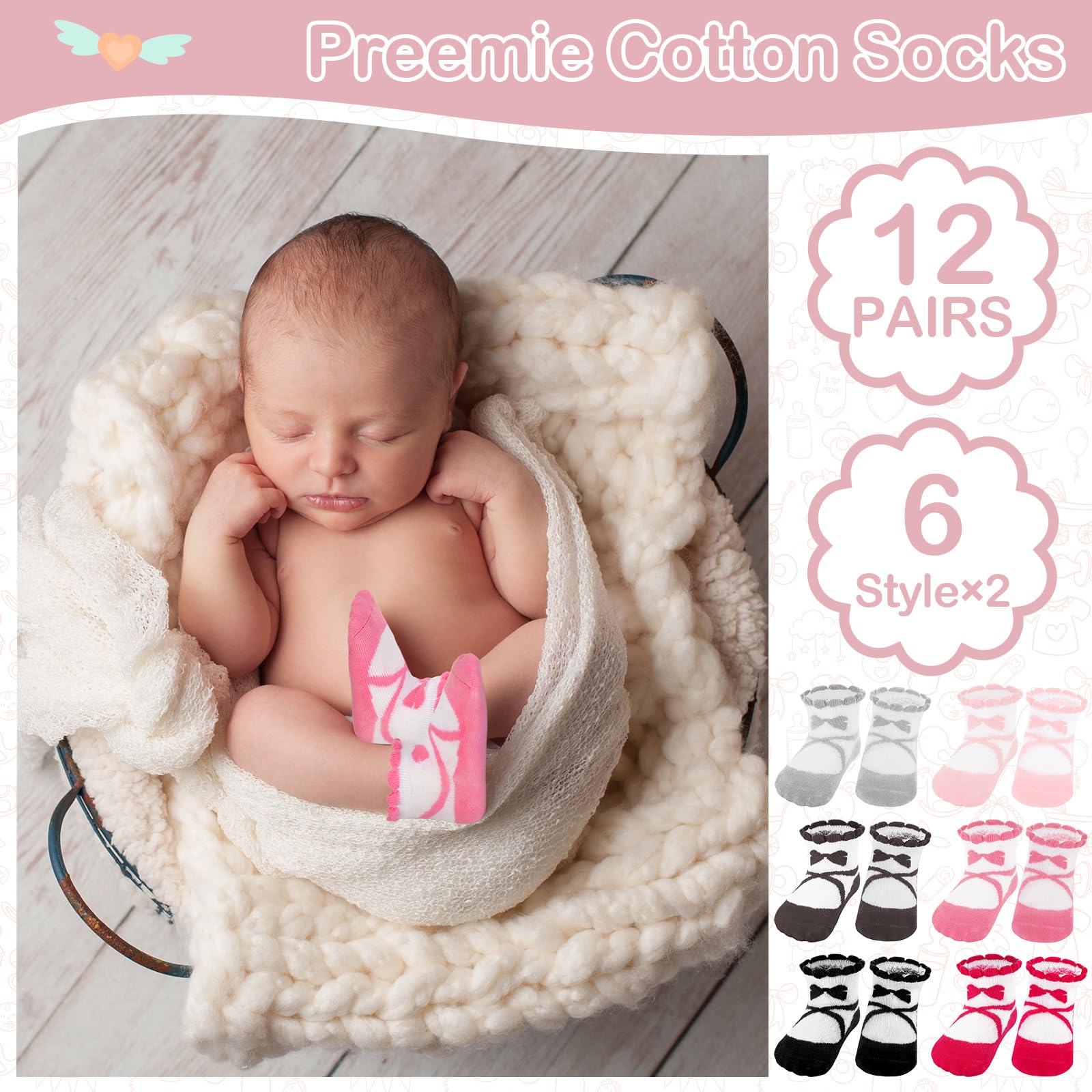 Toulite Lot de 12 paires de chaussettes prématurées en coton pour bébés filles et garçons prématurés - Style ballet - Taille unique, Style de ballet, taille unique