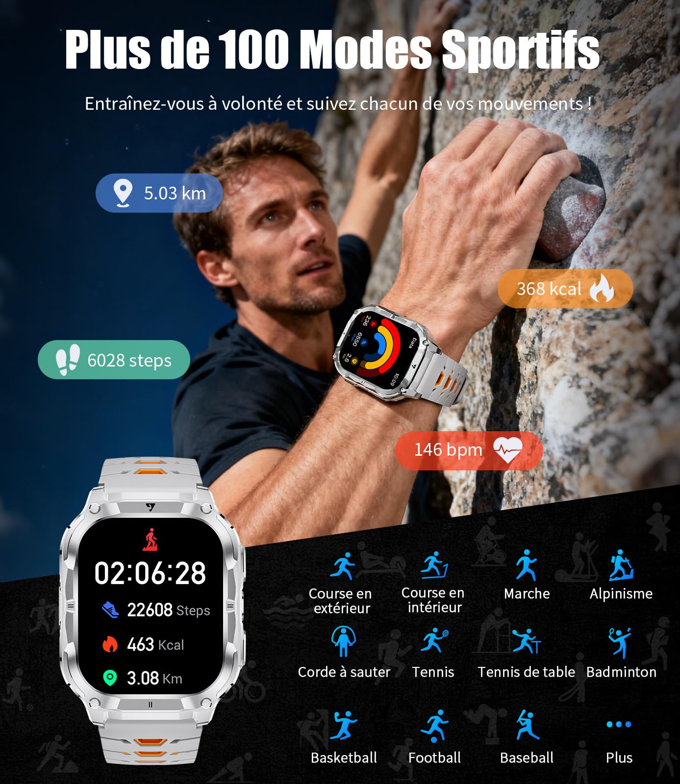 LIGE Montre Connectée Homme avec 1000mAh/2.0'' HD Grand Écran/LED Lampe,Smartwatch Homme avec Moniteur de Fréquence Cardiaque et Sommeil/110+ Modes Sportifs,IP68 Étanche Android iOS,Argenté