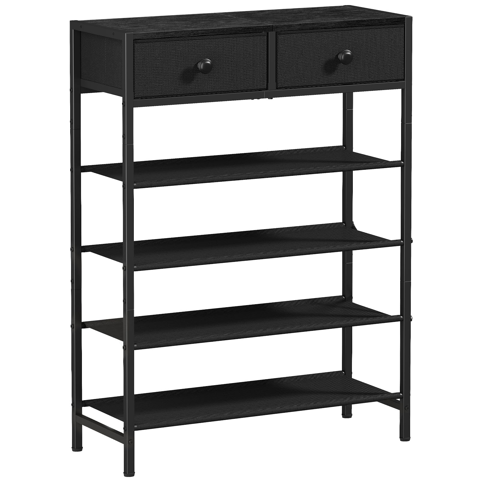 UNITSTAGE Shoe Rack, 5 Tier Shoe Organizer with 2 Drawers, Metal Shoe Storage for 16-20 Pairs of Shoes with Fabric Shelves and Wooden Top, Narrow Shoe