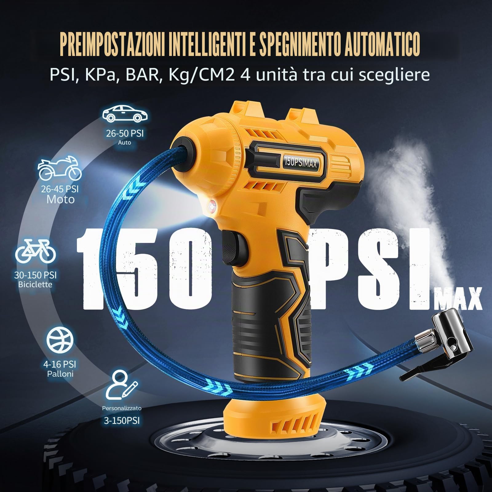 Pompa ad Aria Elettrica Compressore a Batteria per Bicicletta, Portatile, Display Digitale, Spegnimento Automatico, USB-C