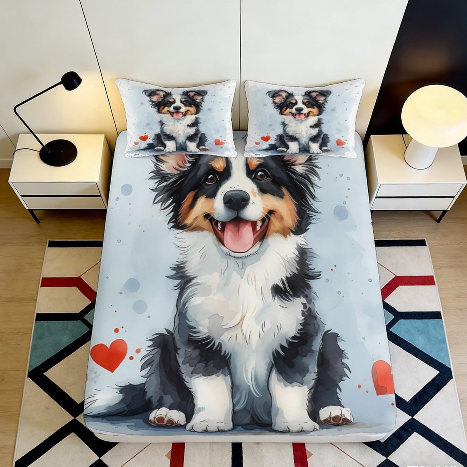 3D Printed Australian Shepherd Dog Fitted Sheet Microfiber Soft Bed Cover Decorative Heart Pattern for Bedroom Guest Room Mattress Protection 90x200x25cm