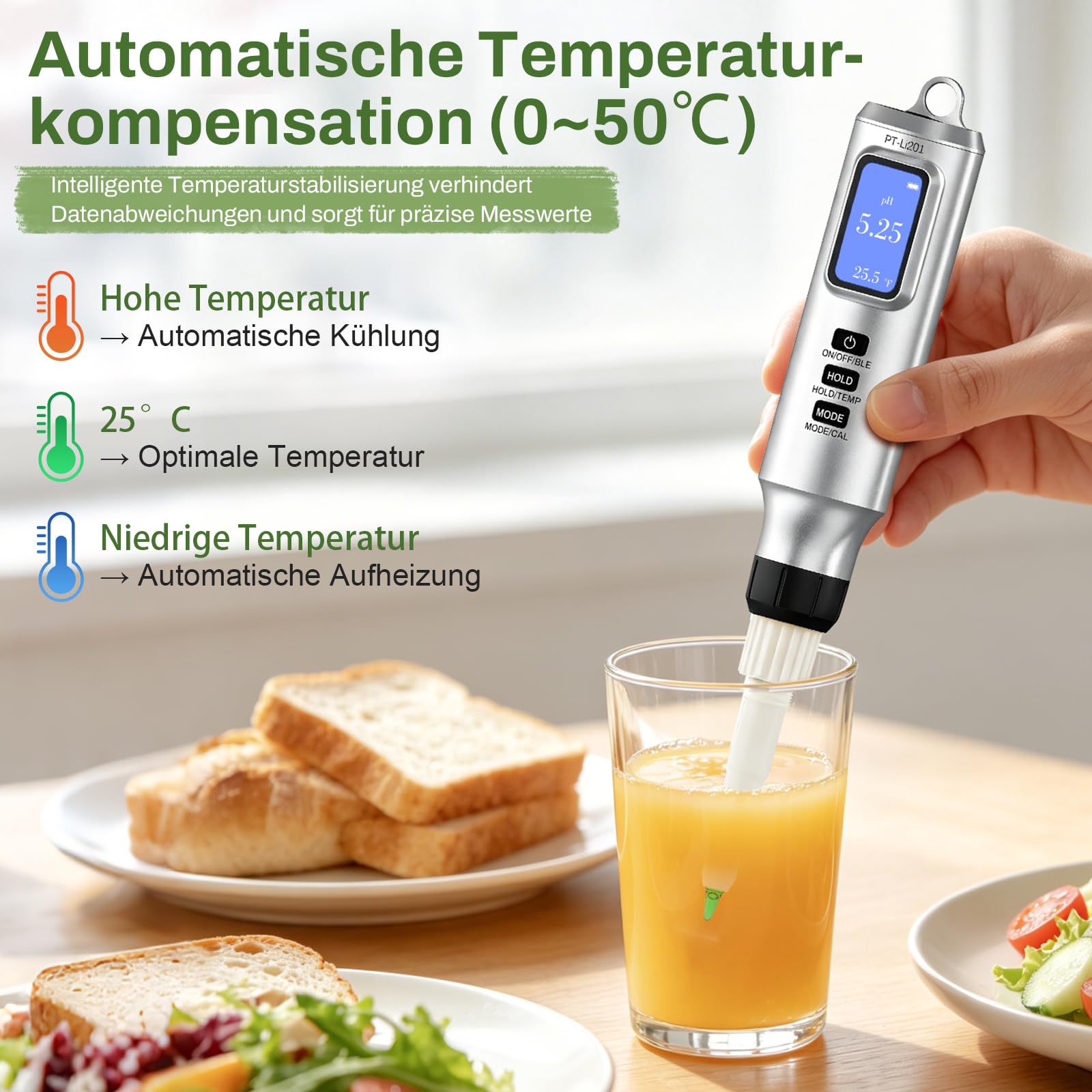 Intelligentes pH Messgerät mit App, Digitales pH Tester für Lebensmittel und Wasser mit Kalibrierpulver, pH Meter mit ATC für Sauerteig, Käse, Brot, Fleisch und fermentierte Getränke & Lebensmittel