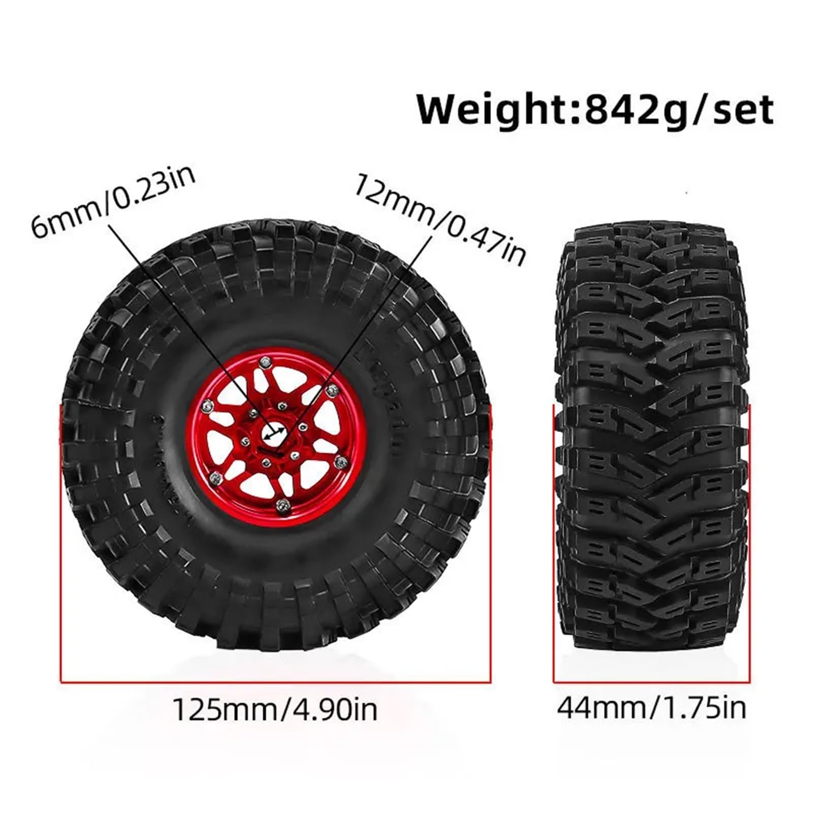 Juguetes Accesorios Para Traxxas Para TRX4 D90 Para Axial 1/10 Tamaño Grande 125mm 1.9 Beadlock Llanta Rueda Kit Neumáticos Coche Trepador Control Remoto Actualización Piezas(Red)