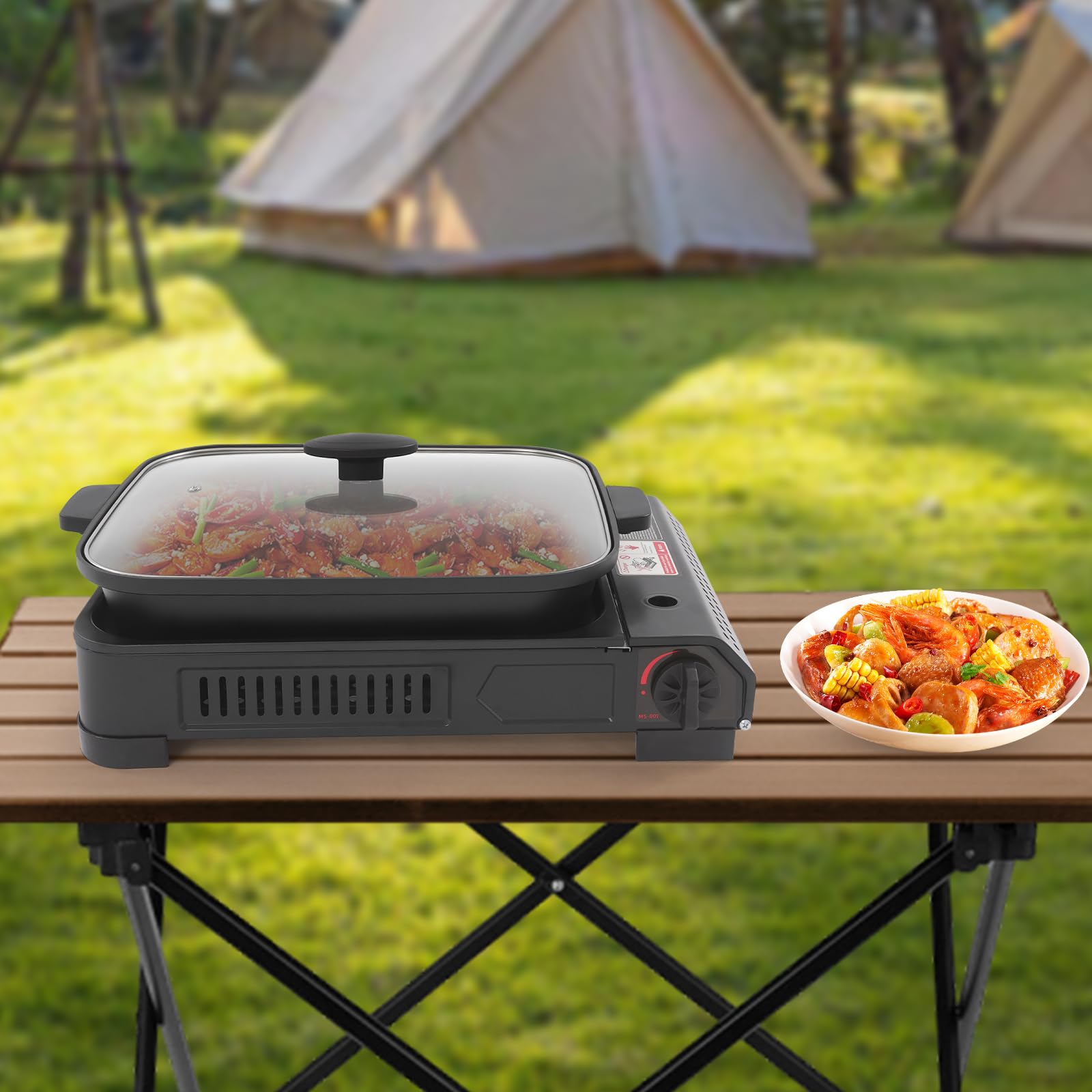 Grill gazowy, kempingowy, płyta grillowa z pokrywką, kuchenka gazowa z butanem, 1-palnikowy, odporny na wiatr, wpuszczany palnik do użytku na zewnątrz, do wewnątrz i na zewnątrz, 45 x 30,5 x 8,5 cm