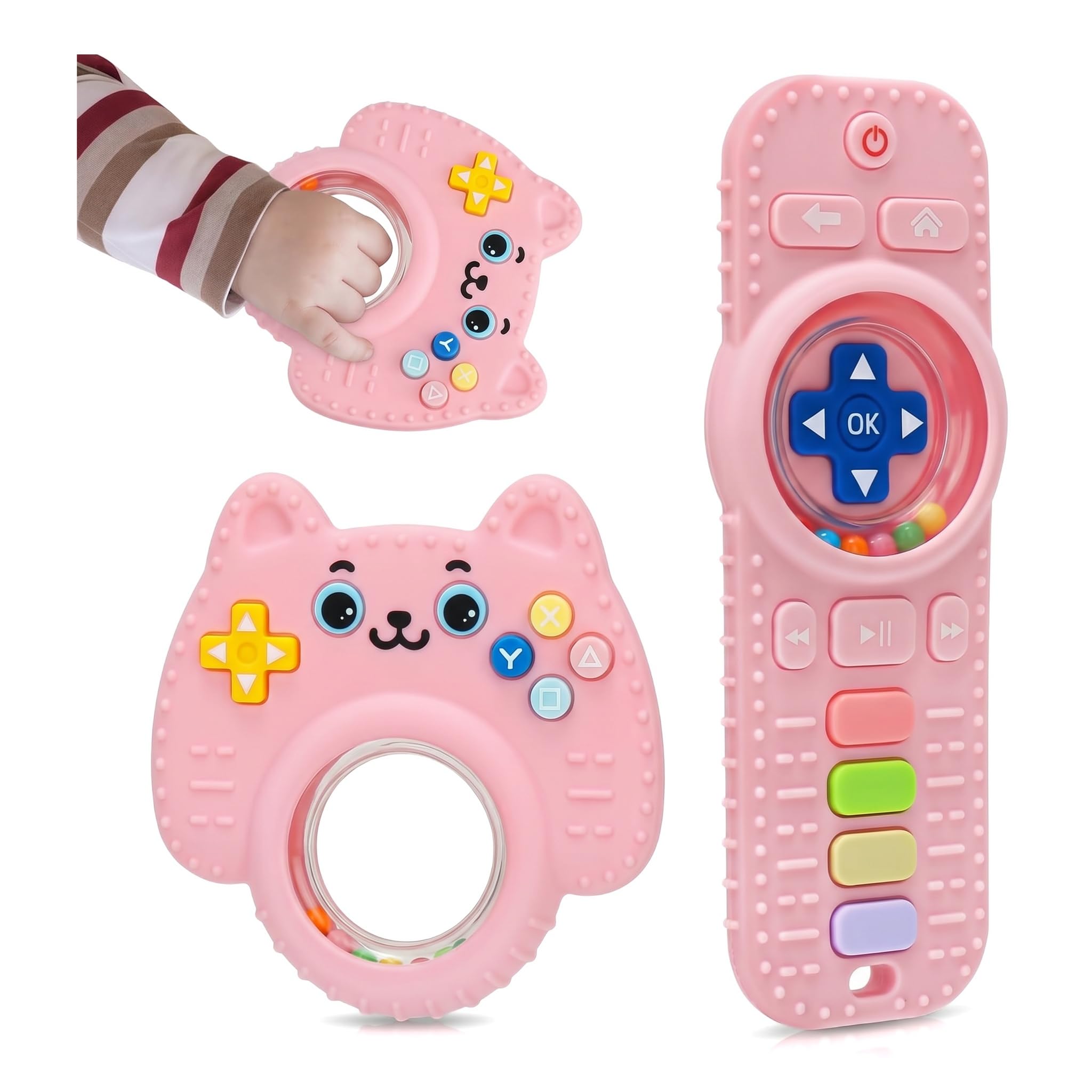FeiatPogra 2 Pack Silicone Teething Toys for Babies 3-12 Months Remote Control & Rattle Ring Baby Teether Sensory Chew Toy BPA Free Food Grade Soother for Infants Newborn Boy Girl Gift Black