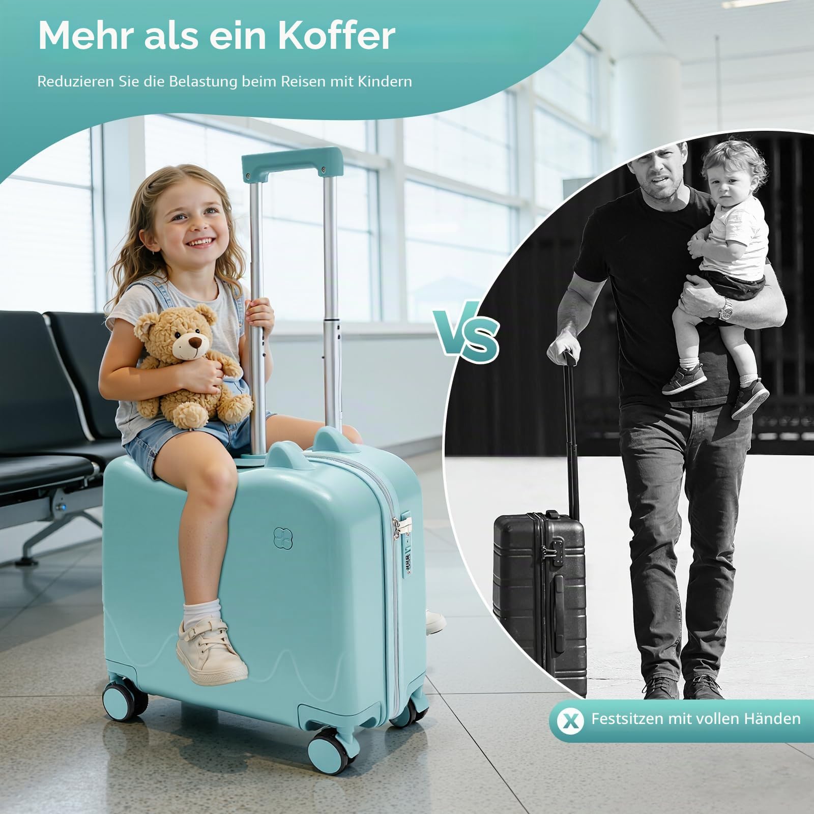 18 Zoll Kinderkoffer zum Draufsitzen, Kindertrolley Kindertrolley Kinder Reisekoffer mit Zugstange und Passwortschloss Rollkoffer Kinder Koffer für 3-6 Jahre Mädchen & Jungen 37L (Himmelblau)