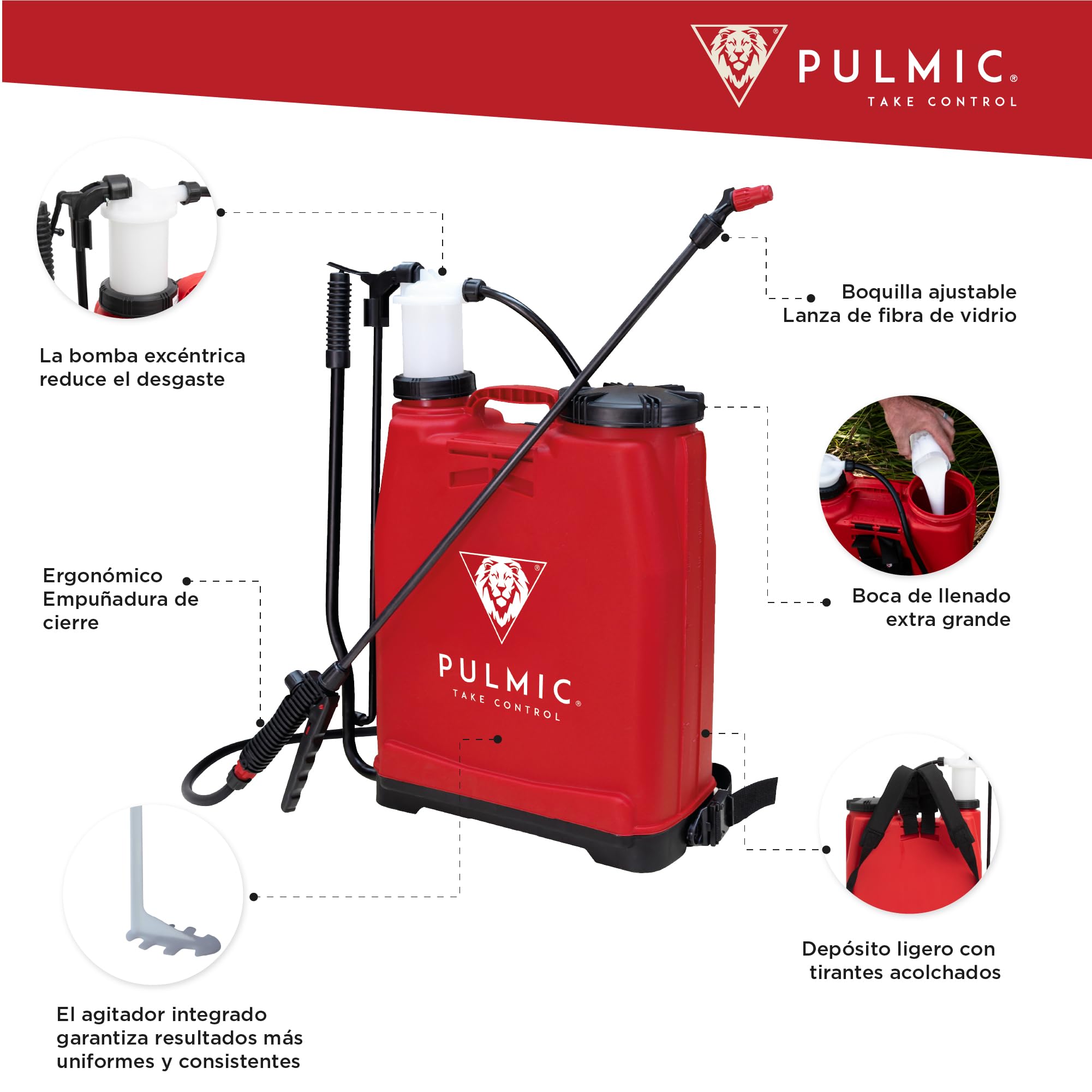 Pulmic Pulverizador Manual de Espalda 16L.Sulfatadora Profesional para Fumigar. Mochila de Pulverizar para Herbicida y Control de Plagas o Insecticida. Lanza Fibra de Vidrio 67cm. Fabricado en España.