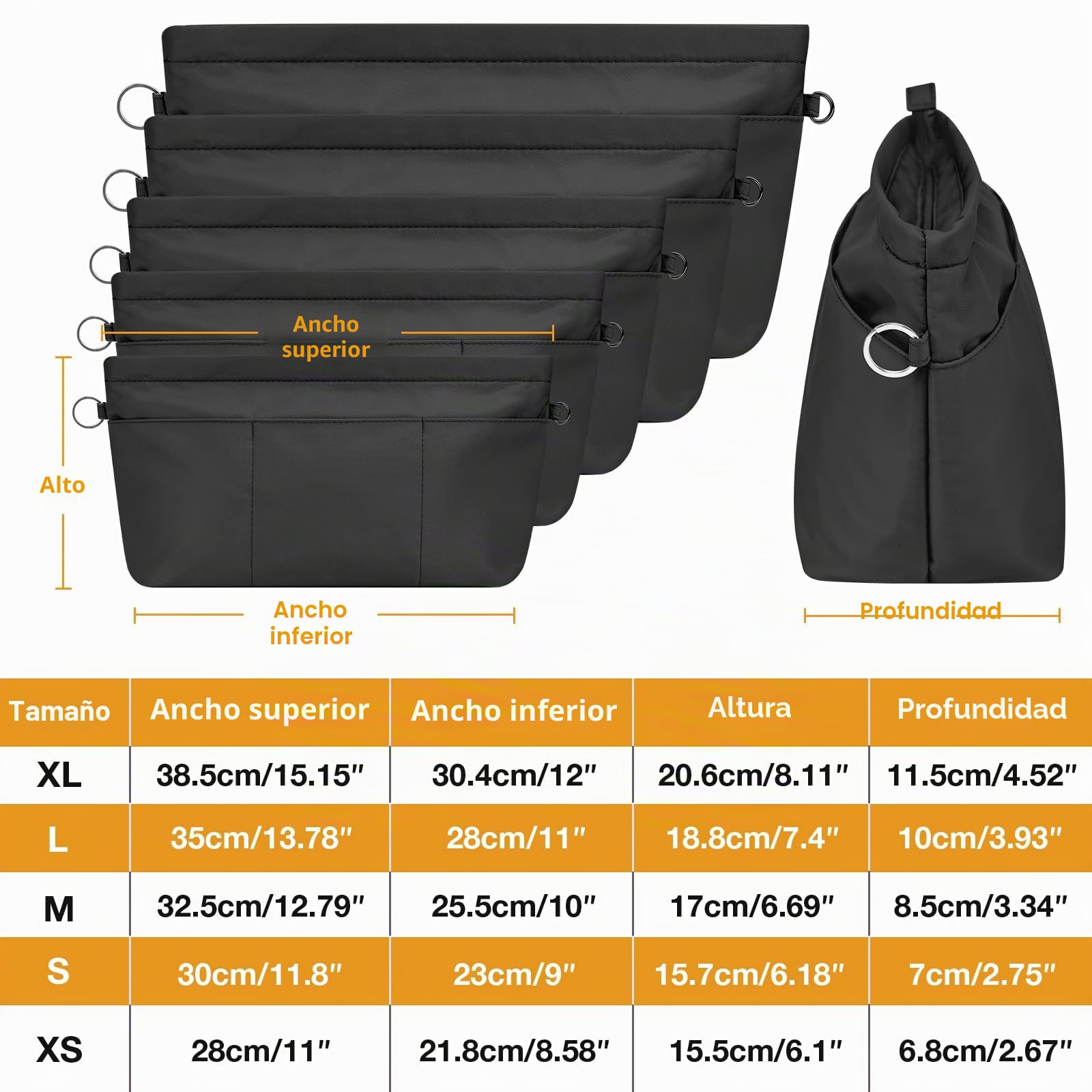 Organizador de Bolsos de Mano, Organizador de Bolsos de Nailon Resistente al Agua, Organizador de Bolsas, Organizador de Bolsas con Llavero y Cremallera, Negro L