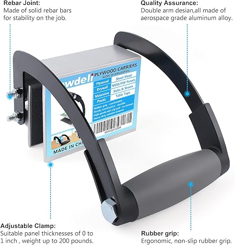 Miniatura 3 de Newdeli Portador de madera contrachapada, paquete de 2 herramientas de elevación y transporte de paneles de yeso, abrazadera de agarre de madera