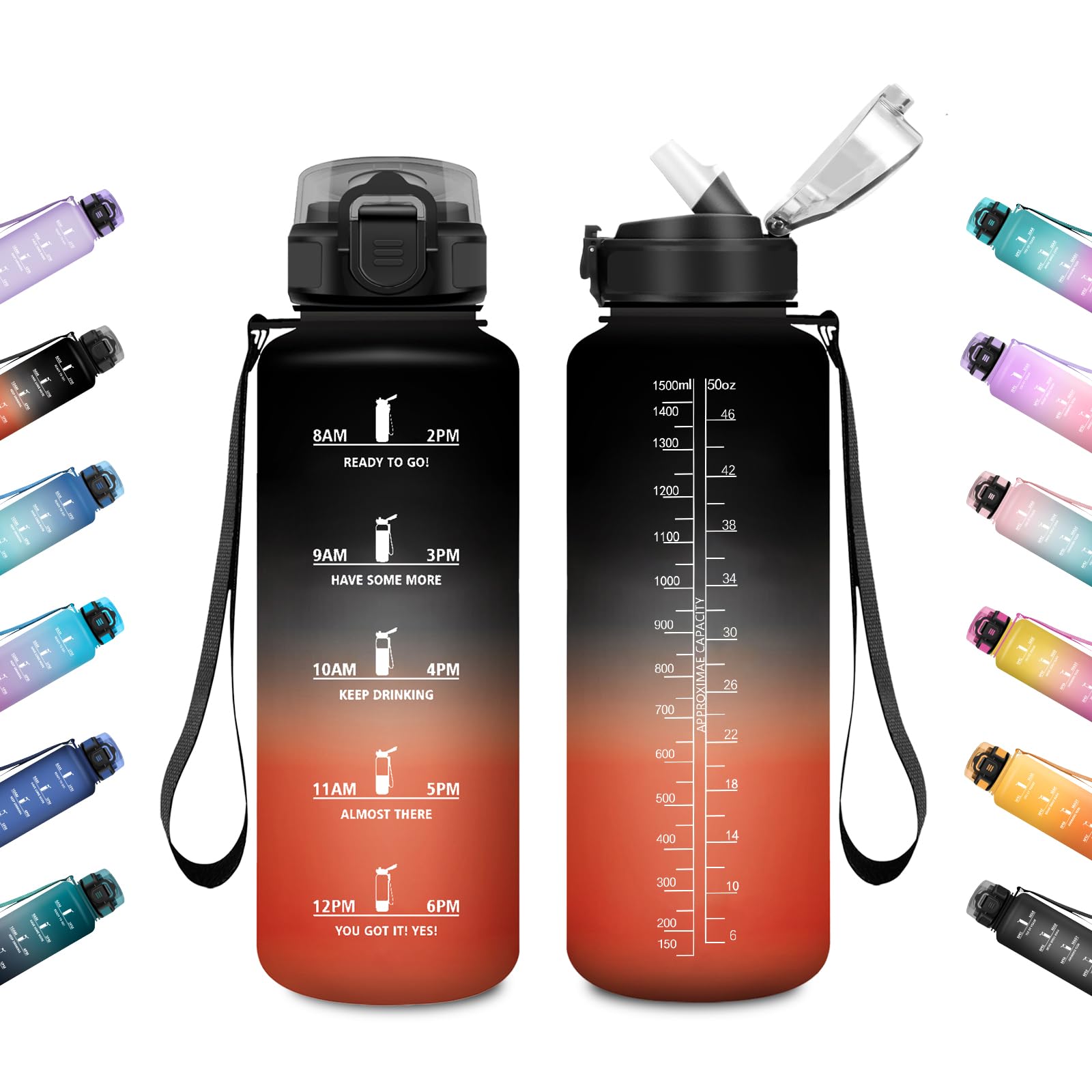 JAPORIA Water Bottle 1.5L Water Bottle with Straw Time Indicator Leakproof Reusable Team Gym Camping